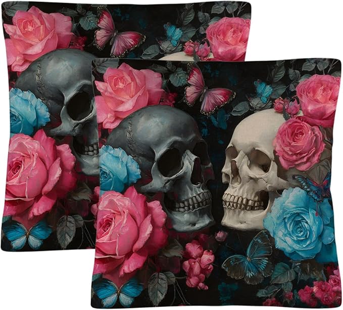 susiyo Decorative Throw Pillow Covers 18x18 Inch Set of 2, Two Skulls Pink Blue Roses Couch Pillow Covers Linen Square Pillowcase Farmhouse Outdoor Cushion Covers for Couch Sofa Bedroom Car