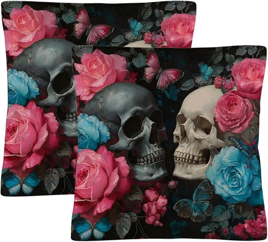 susiyo Decorative Throw Pillow Covers 18x18 Inch Set of 2, Two Skulls Pink Blue Roses Couch Pillow Covers Linen Square Pillowcase Farmhouse Outdoor Cushion Covers for Couch Sofa Bedroom Car