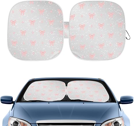 Pink Bow Print Car Windshield Sun Shade, Foldable Reflective UV Protection Sun Visor with Storage Pouch, Auto Interior Accessories for Sedan, SUV, Hatchback