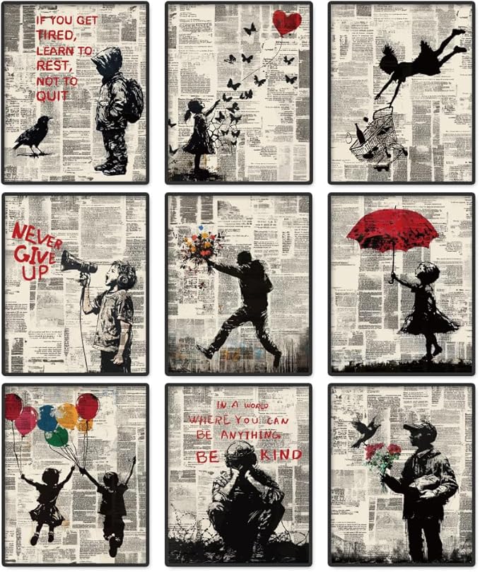 DOODLREAM 9 Pack Unframed Waterproof Banksy Canvas Wall Art Decor, Inspirational Quotes Never Give Up Not to Quit 8 x 10 Inch Canvas Wall Poster for Home Office Classroom Bedroom Living Room Decor