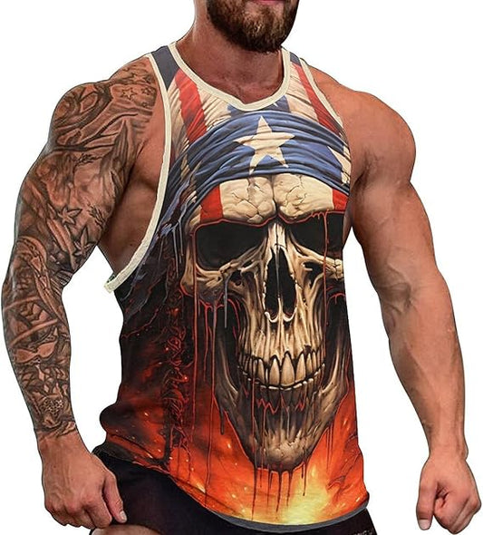 Mens Cotton Tank Tops Skull Graphic Stringer Tops Casual Summer Cutoff T-Shirts Moisture Wicking Work Out Tops