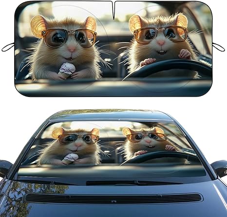 Funny Hamster Car Windshield Sunshades Cartoon Cute Animals Driving Front Window Sun Shade Blocks UV Rays Sun Visor Protector for Car Sedan Truck SUV Accessories 59" X 31"