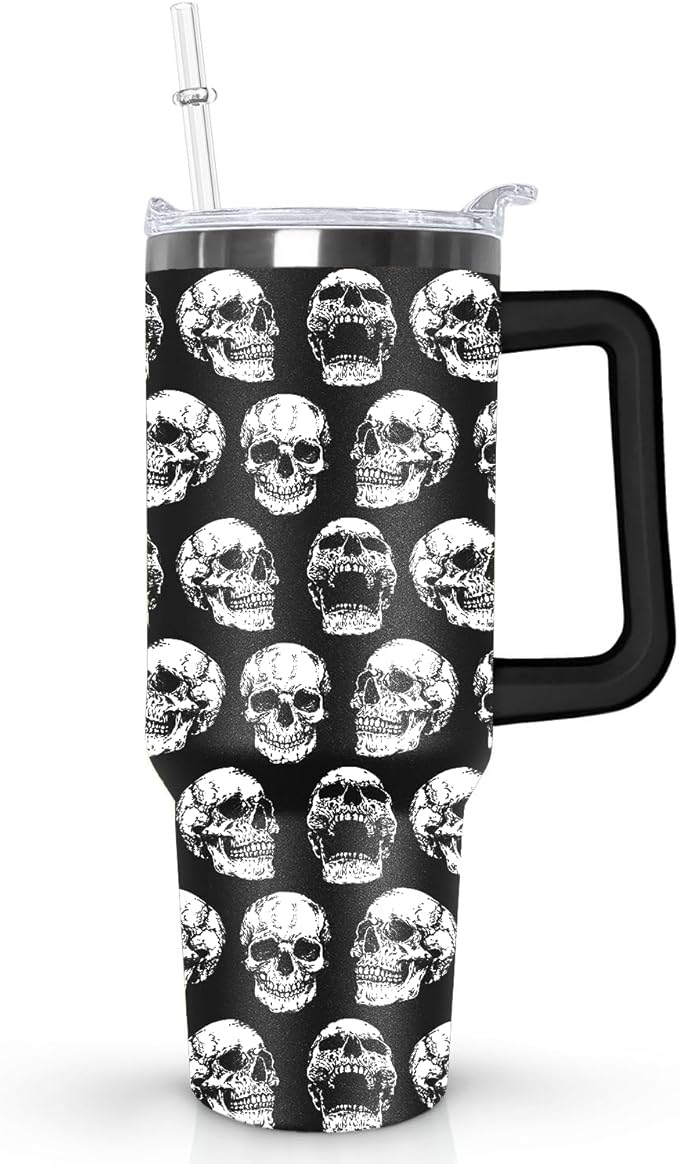 Ceovfoi Skull Tumbler with Handle, 40oz, Lid and Straw - Goth Halloween Decor for Women