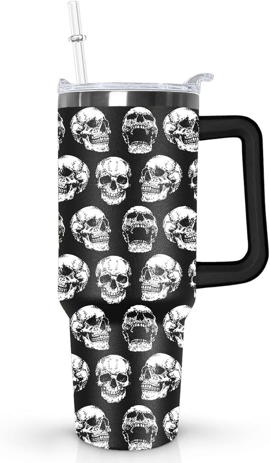 Ceovfoi Skull Tumbler with Handle, 40oz, Lid and Straw - Goth Halloween Decor for Women