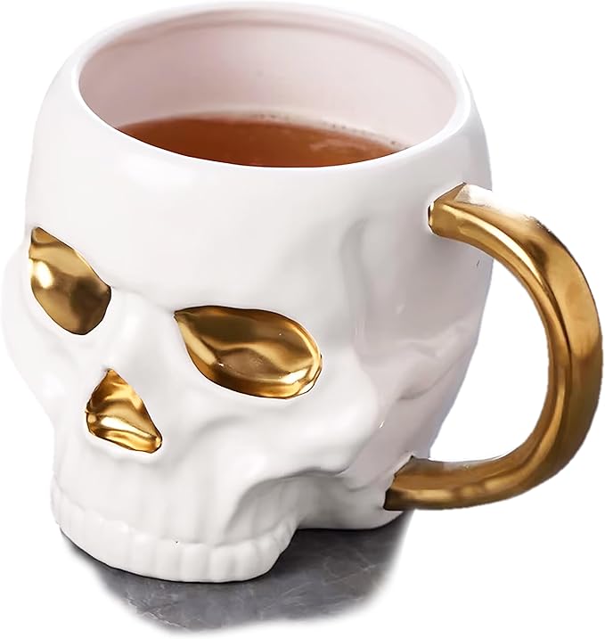 White Grinning Skull Ghost Large 20 oz Porcelain Ceramic Mug Coffee Cup Novelty Drinkware 3-D Shaped features Skull Sculpting and Hand-painted Gold Trim