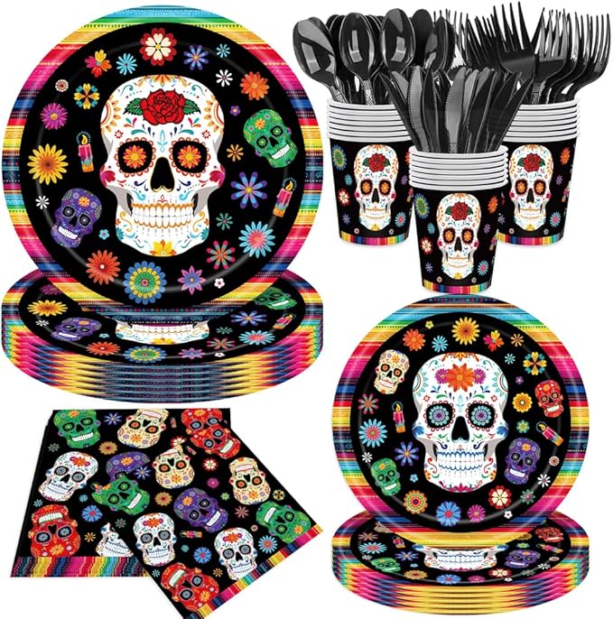 140Pcs, Day of the Dead Party Decorations Tableware Set Mexican Stripe Side Plate and Napkins Halloween Party Supplies Suger Skull Paper Plates Día de los Muertos Decorations, Serve for 20