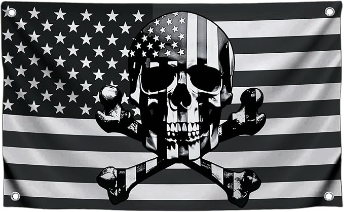 3x5 Ft American Skull Polyester Flags with 4 Brass Grommets - Pirate USA Flag or US Black Boat Single Sided Flags or Banners Man Cave Skull Bones Fun - Military Flag for Garden Yard Lawn Patio House