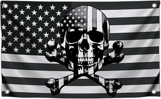 3x5 Ft American Skull Polyester Flags with 4 Brass Grommets - Pirate USA Flag or US Black Boat Single Sided Flags or Banners Man Cave Skull Bones Fun - Military Flag for Garden Yard Lawn Patio House