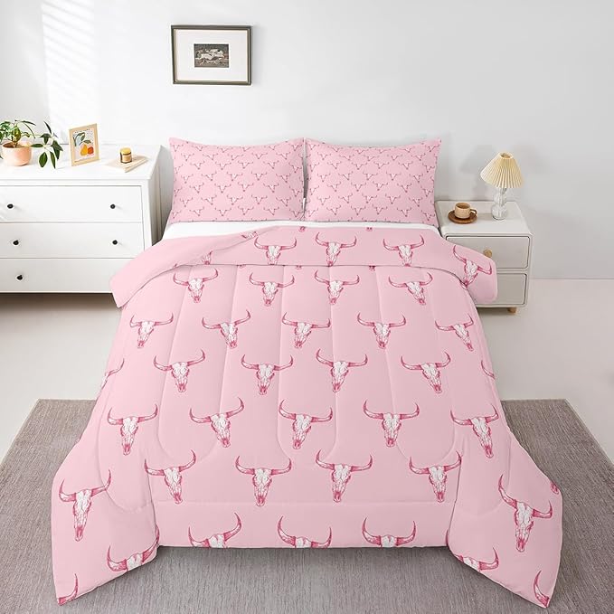 Feelyou Kids Cow Skull Comforter Set Full Size Western Cowboy Bedding Set for Boys Girls Wild West Pink Comforter Adult Duvet Set,1 Comforter+ 2 Pillow Shams