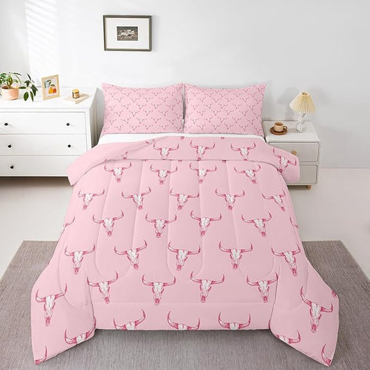 Feelyou Kids Cow Skull Comforter Set Full Size Western Cowboy Bedding Set for Boys Girls Wild West Pink Comforter Adult Duvet Set,1 Comforter+ 2 Pillow Shams
