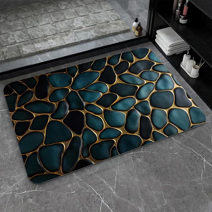 Diatomaceous Earth Bath Mat,Blue and Gold Stones Non-Slip Volume Super Absorbent Fast Drying for Bathroom Kitchen mat,Eco-Friendly Easy to Clean 16×24Inch (40 * 60cm)