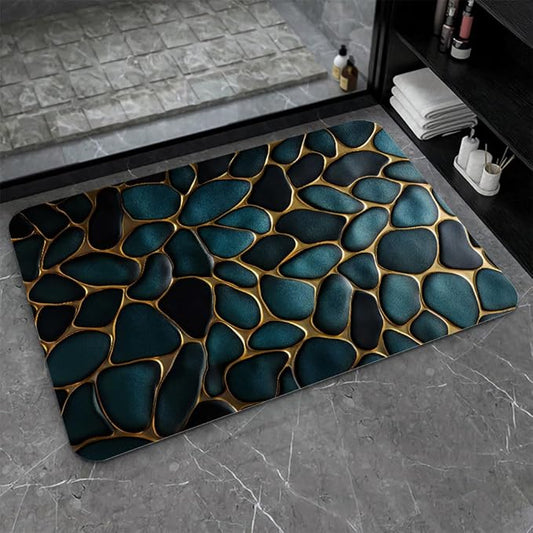 Diatomaceous Earth Bath Mat,Blue and Gold Stones Non-Slip Volume Super Absorbent Fast Drying for Bathroom Kitchen mat,Eco-Friendly Easy to Clean 16×24Inch (40 * 60cm)