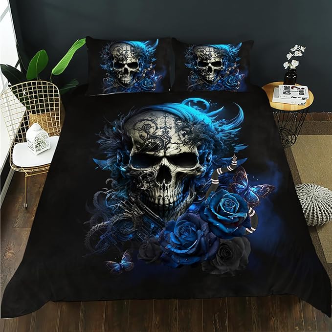 AILONEN Sugar Skull Duvet Cover Queen Size, 3D Skull Bedding Set for Boys Girls,Bones Skeleton Blue Roses Comforter Cover 3PCS,1 Quilt Cover + 2 Pillowcases,Soft Microfibre
