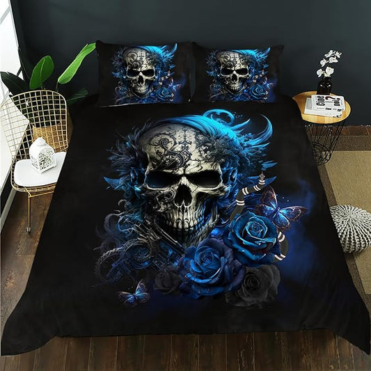 AILONEN Sugar Skull Duvet Cover Queen Size, 3D Skull Bedding Set for Boys Girls,Bones Skeleton Blue Roses Comforter Cover 3PCS,1 Quilt Cover + 2 Pillowcases,Soft Microfibre