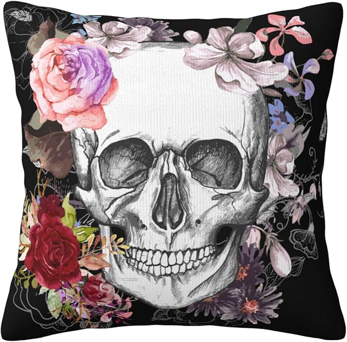 Decorative Skull and Flowers Day of The Dead Throw Pillow Covers 18x18in with Hidden Zipper Cushion Case for Couch Sofa Patio Home Car Christmas Decor Gift