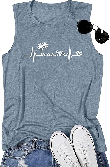 Beach Tank Tops Women Beach Waves Sleeveless Shirt Hawaiian Ocean Vest Heartbeat Tank Summer Family Vacation Tanks