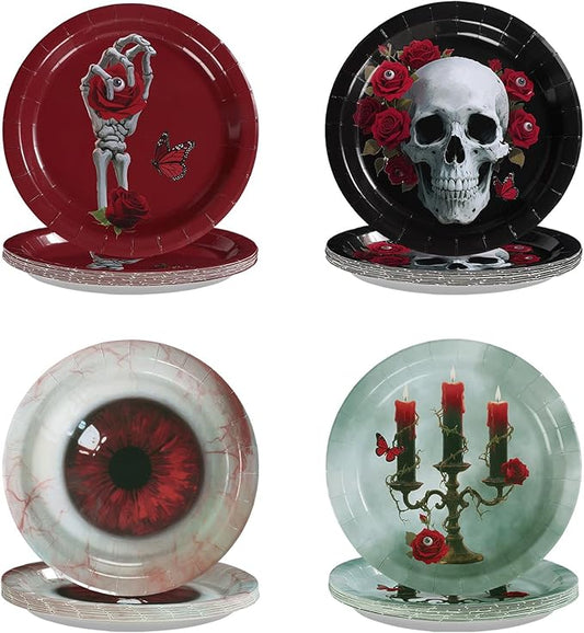 Grencian 60Pcs Scary Halloween Paper Plates 9" Disposable Heavy Duty Halloween Eyeballs Skeleton Skull Rose Dessert Plates Spooky Party Supplies for Bloody Zombie Theme Holiday Party Table Decoration