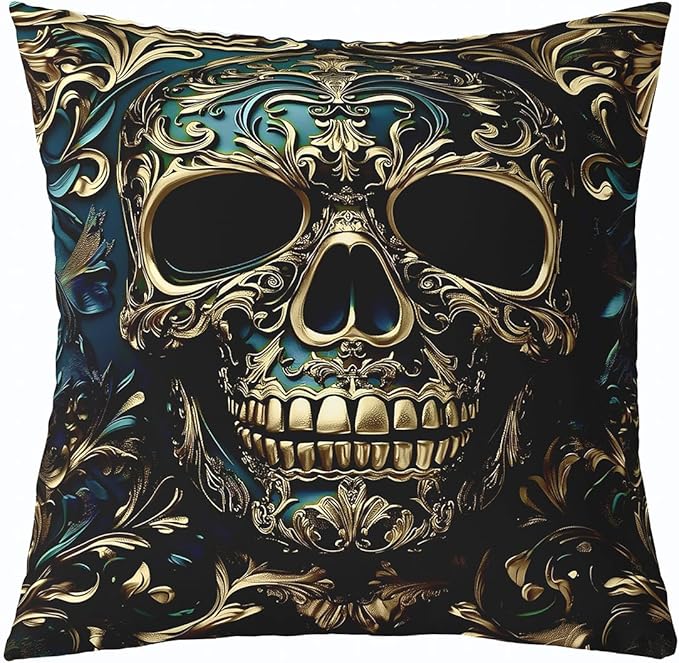 Gothic Throw Pillow Covers, Turquise Skeleton Decorative Pillowcases 24"*24"*1, Sugar Skull Damask Exotic Bone Cushion Cases(Pillow Inserts Not Included), Baroque Decor Halloween Skeleton Decorations