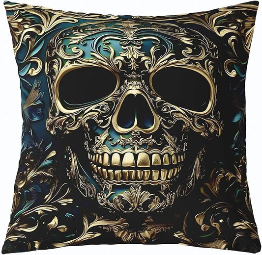 Gothic Throw Pillow Covers, Turquise Skeleton Decorative Pillowcases 24"*24"*1, Sugar Skull Damask Exotic Bone Cushion Cases(Pillow Inserts Not Included), Baroque Decor Halloween Skeleton Decorations
