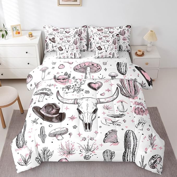 Feelyou Western Cow Skull Comforter Set with Sheets Twin Size Kids Longhorn Skull 7 Pieces Bedding Set for Boys Girls Teens West Cowboy Bed in a Bag Breathable Hat Bed Set Cactus
