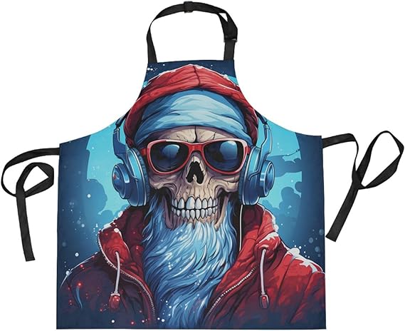 Christmas Style Skull Kitchen Chef Apron Waitress Aprons with 2 Pockets for Women Boys Cooking Baking