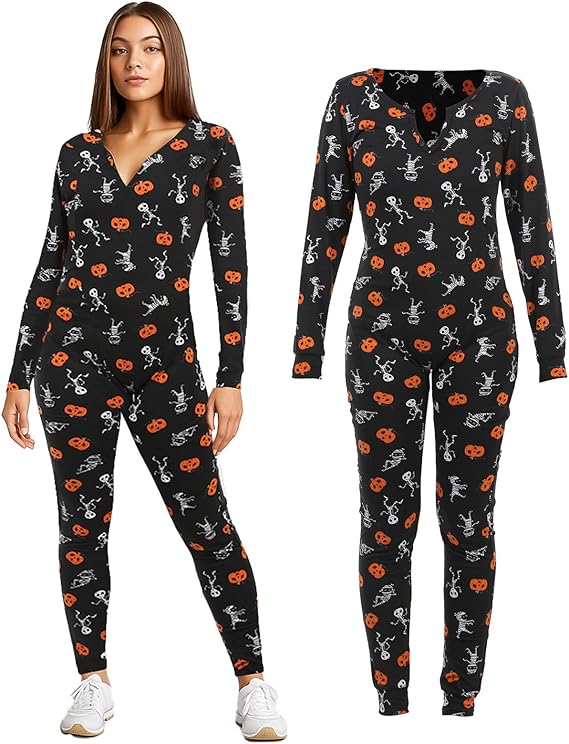 Halloween Pajamas Women Skulls Pumpkins Long Sleeve Loungewear Set Skeleton Onesie Adult Soft Bodycon Sleepwear