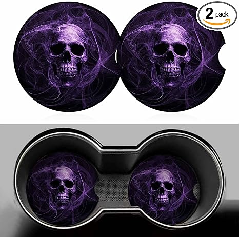 Purple Skull 2 Pack Car Cup Holder Coaster Anti Slip Insert Absorbent Ceramic Car Coaster with Cork Base and Finger Notch Cute Car Accessories Interior for Women Men