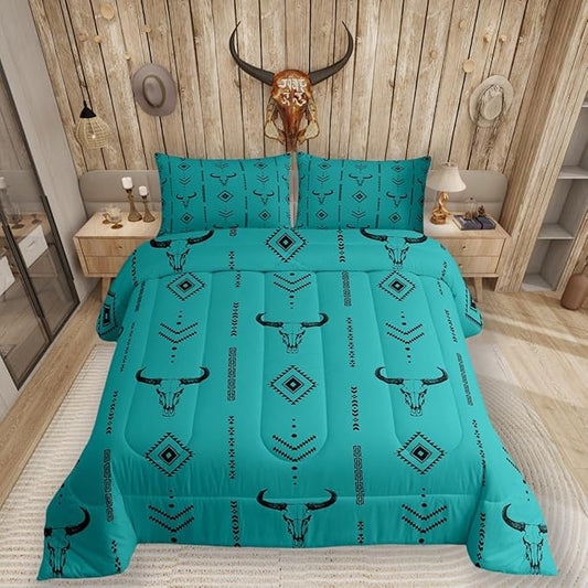 Erosebridal Turquoise Western King Size Comforter Set,Southwestern Aztec Cow Skull Bedding Set for Adults Women Men Cowboy Geometric Abstract Arrow Quilt,Boho Native Down Comforter,Teal