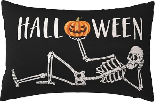 Halloween Pumpkin Skull Throw Pillow Cover, Skeleton Double-Sided Linen Rectangle Pillow Cover, 12 x 20 Inch Holiday Farmhouse Lumbar Cushion Case Decor for Sofa Chair Bed Couch