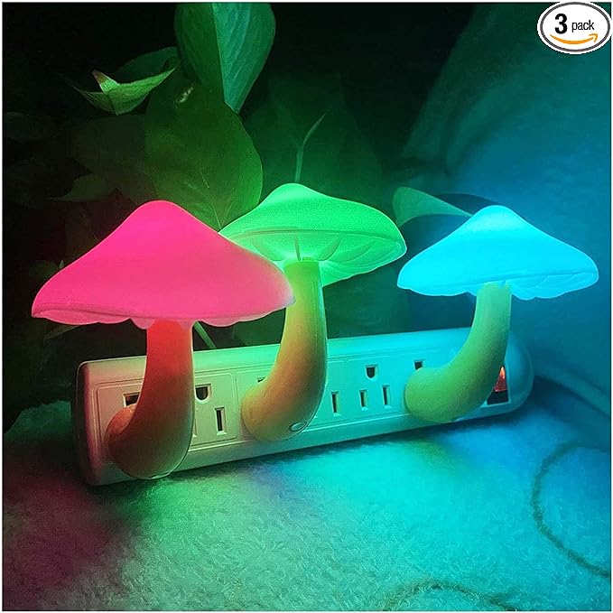 [3 Pack Plug-in LED Mushroom Night Light Lamp with Dusk to Dawn Sensor,Plug in Bed Cute Nightlight lamp Wall Baby Lights for Kids Children (7-Color)