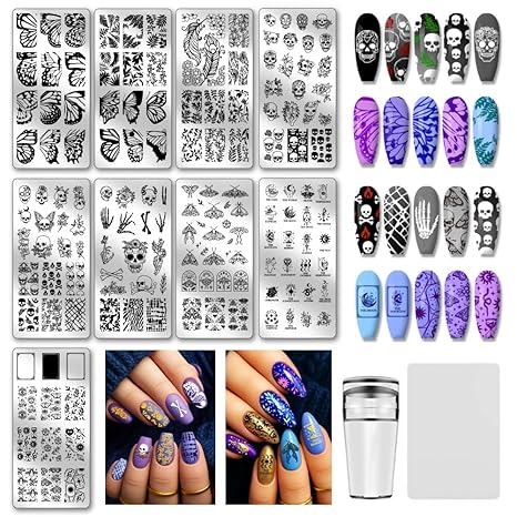 PH PandaHall 9pcs Gothic Skull Nail Stamping Plates Butterfly Nail Art Stencil Star Moon Leaf Manicure Art Templates Horror Skeleton Nails Stamper Plate for Women DIY Manicures Salon Printing Design