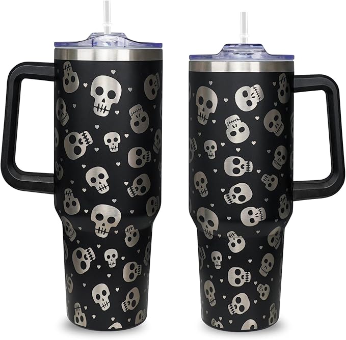 40oz Halloween Tumbler with Handle,Skeleton Coffee Cups with Handle Lid and Straw,Stainless Steel Insulated Travel Mug, Halloween gifts for women & men
