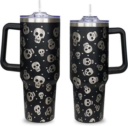 40oz Halloween Tumbler with Handle,Skeleton Coffee Cups with Handle Lid and Straw,Stainless Steel Insulated Travel Mug, Halloween gifts for women & men