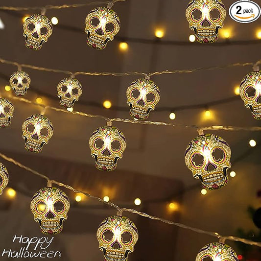Halloween String Lights, 2 Packs Skull String Lights 15Ft 30LED Halloween Fairy Lights Fall Decor Light Battery/USB Powered Optional 2 Modes Flashing Cute Lights for Home Yard Patio 2025 Indoor Decor