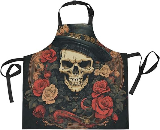 Skull Pattern Red Rose Kitchen Chef Apron Waitress Aprons with 2 Pockets for Women Boys Cooking Baking