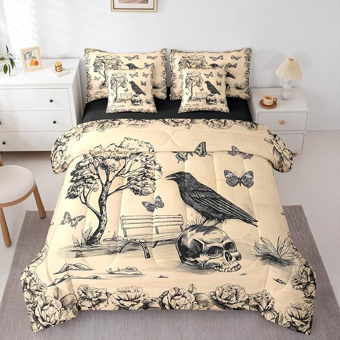 Erosebridal Crow Skull 7 Pcs Bedding Set Full Size,Halloween Theme Bed in a Bag,Gothic Skeleton Bed Set Includes Comforter,Sheet Set,Pillowcases & Pillow Covers,Floral Butterfly Bedroom Decor