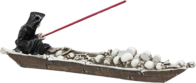 Ebros Grim Reaper Fishing On Boat of Skulls Incense Burner Statue 11.5" Long Charon On River Styx Figurine