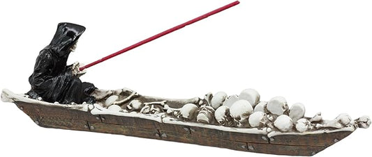 Ebros Grim Reaper Fishing On Boat of Skulls Incense Burner Statue 11.5" Long Charon On River Styx Figurine
