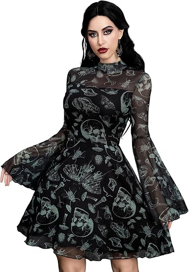 Womens Black Gothic Dress Mesh Bell Sleeve Skull Print Sexy Vintage Fantasy Halloween Corset Dresses