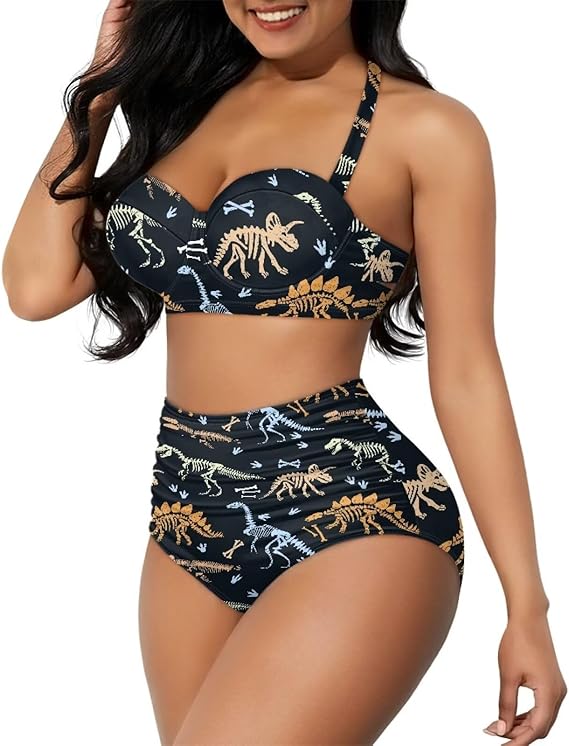 Women Two Piece Swimsuit Bandeau Top Back Tie Beach High Waisted Bottom with A Clasp Hook