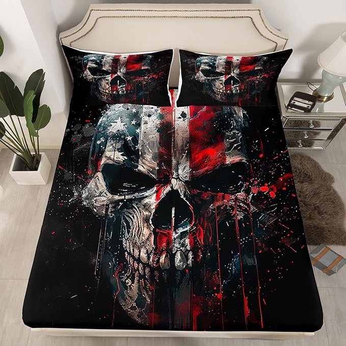 Western Skeleton Skull Kids Fitted Sheet Full Size,Tie-dye Ink American Flag Bedding Set,Boys Men Room Decor,Geometric Splicing Striped Bed Cover,Black Trippy Bed Sheet,2 Pillowcases