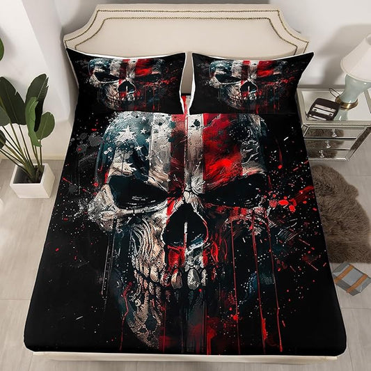 Western Skeleton Skull Kids Fitted Sheet Full Size,Tie-dye Ink American Flag Bedding Set,Boys Men Room Decor,Geometric Splicing Striped Bed Cover,Black Trippy Bed Sheet,2 Pillowcases