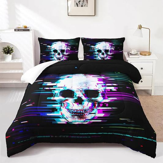 Black Skull Comforter Set Queen Size,100% Soft Ultra-fine Fiber Four Season Science Fiction Comforter Set with 1 Comforter and 2 Pillow Case