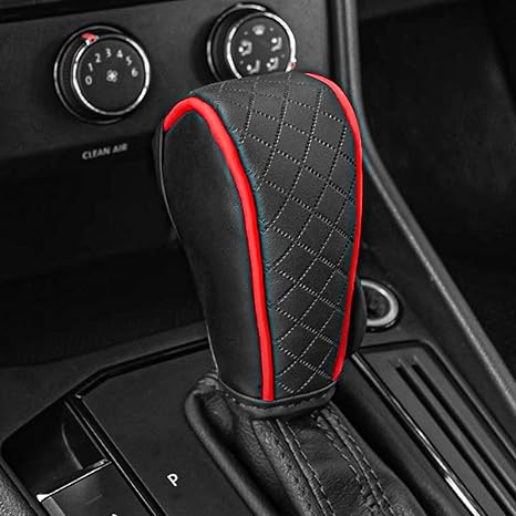 Leather Car Gear Shift Knob Cover, Upgraded Anti-Slip Design Stick Shift Knob Cover, Universal Durable Car Decorative Accessories Shifter Stick Protector Suitable for Cars,Trucks,SUVs (Black/Red)