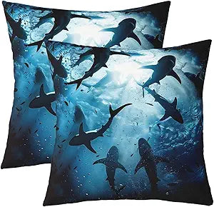 Erosebridal 3D Shark Pillow Covers 18x18,Set of 2 Boys Shark Throw Pillow Covers,Hunting Marine Life Cushion Cases Nautical Lovers Creature Decorative Pillowcases for Adults