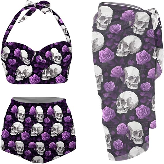 Skull Print Swimsuit Bikini Set for Women with Swim Cover up Wrap Sarong Bathing Suit Beach Outfit