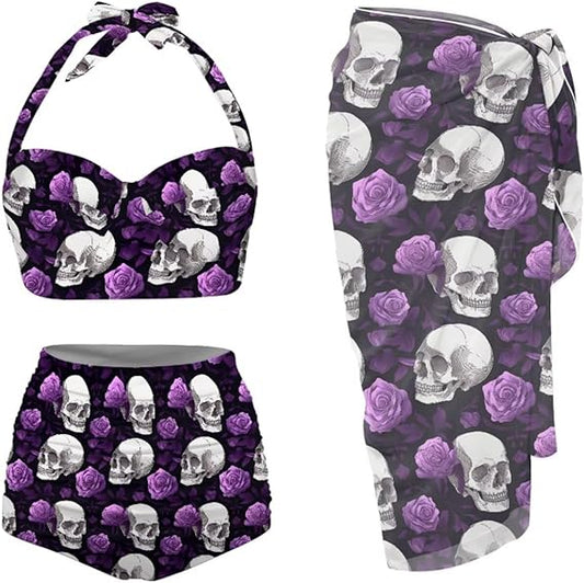 Skull Print Swimsuit Bikini Set for Women with Swim Cover up Wrap Sarong Bathing Suit Beach Outfit