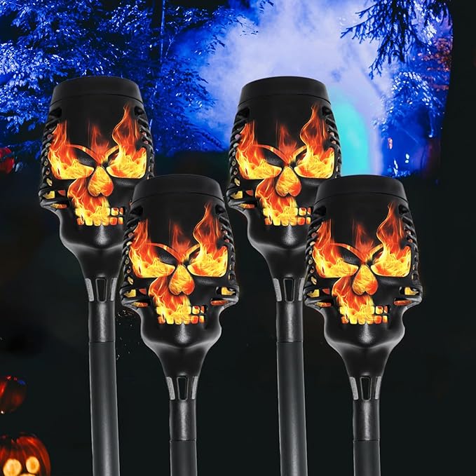 2025 Halloween Solar Lights Outdoor Pathway Lights, 4 Pc LED Waterproof Skull Stake Lights for Yard Garden Path Walkway Driveway Patio Lawn Halloween Décor (Orange)