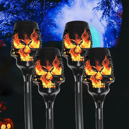2025 Halloween Solar Lights Outdoor Pathway Lights, 4 Pc LED Waterproof Skull Stake Lights for Yard Garden Path Walkway Driveway Patio Lawn Halloween Décor (Orange)