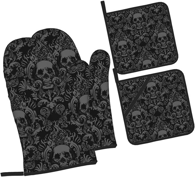 Halloween Gothic Skull Black Oven Mitts and Pot Holders Sets of 4, Heat-Resistant Hot Pads Non-Slip BBQ Gloves for Kitchen Baking Cooking Grilling